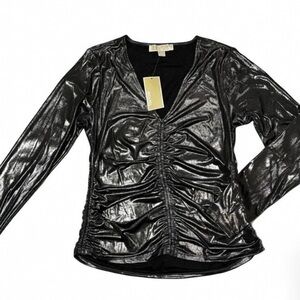 Michael Kors Shiny Black Ruched V-Neck Leather-Effect Jacket